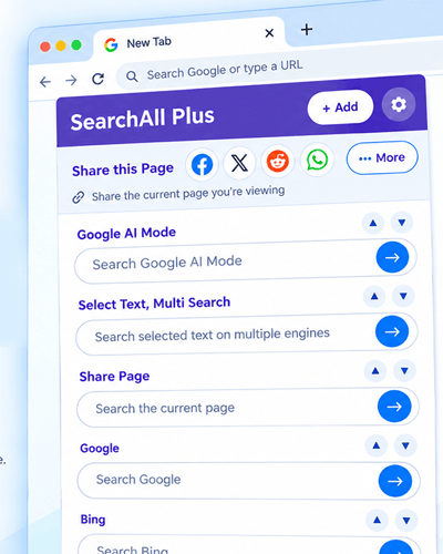 SearchAll Plus browser extension: multi search bars, share this page and custom engines